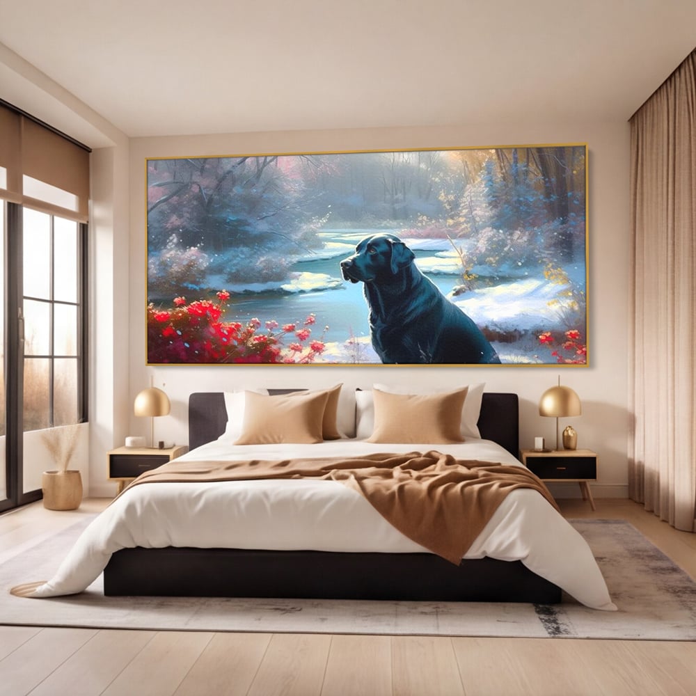 Tablou canvas cu tablou canvas cu labrador negru pe malul unui lac inzapezit, in rama de aluminiu auriu, pe perete intr-un dormitor